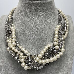 ABS Allen Schwartz Statement Glass Pearl Rhinestone Silver Tone Necklace Bold